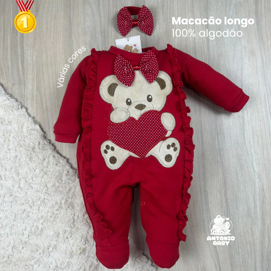 Macacão bebê menina bordado ursa coração com laço delicado