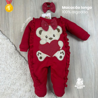 Macacão bebê menina bordado ursa coração com laço delicado