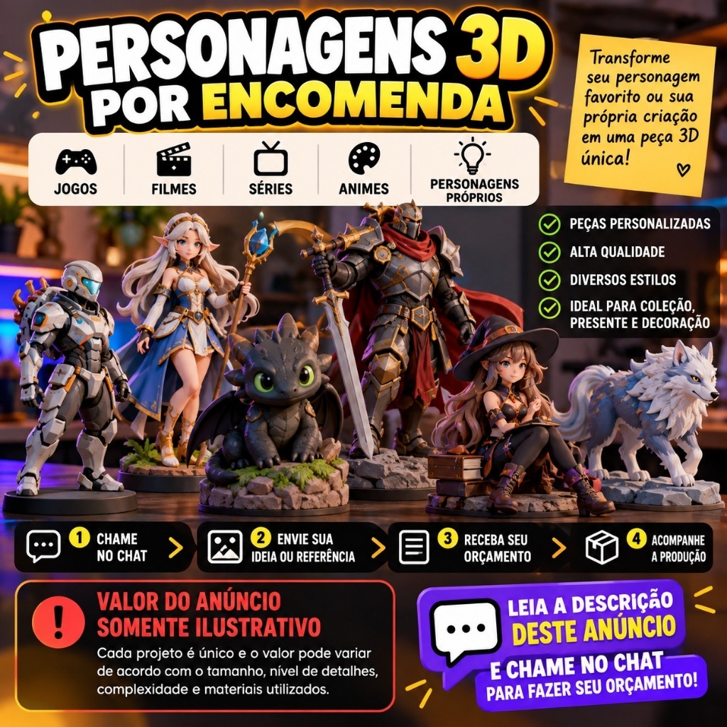 Boneco Personagem 3D Personalizado Sob Encomenda | Estátua Colecionável Games Filmes Séries Anime