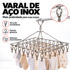 Varal de Aço Inox com 40 ou 60 Prendedores Dobrável Suspenso para Roupas Íntimas Meias e Peças Pequenas