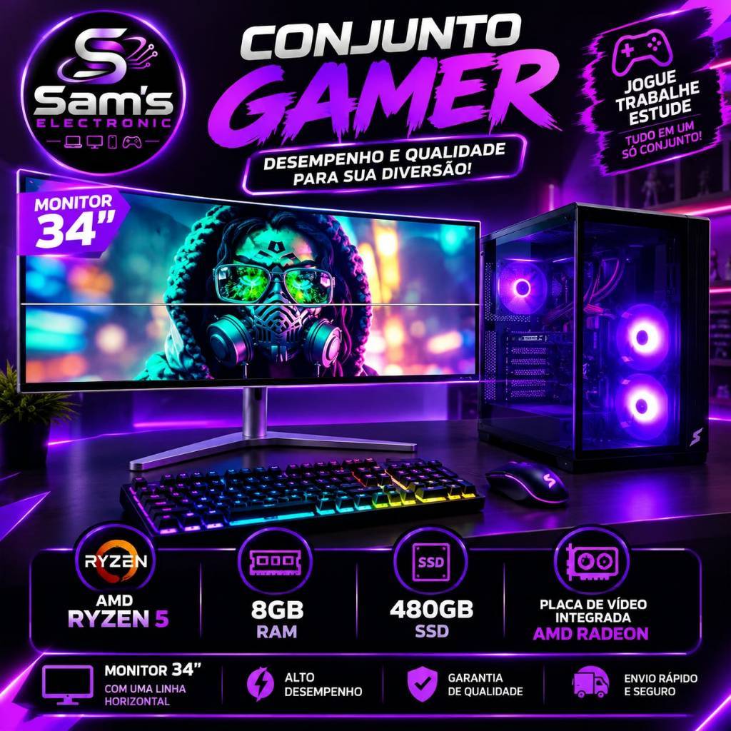 Conjunto Gamer Monitor 34" + PC Ryzen 5 8GB 480GB SSD Radeon