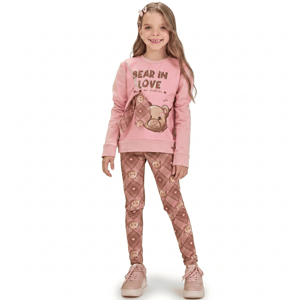 Conjunto Infantil Feminino Ursinhos Rosa com Calça Estampada Kukiê - Tamanho 1