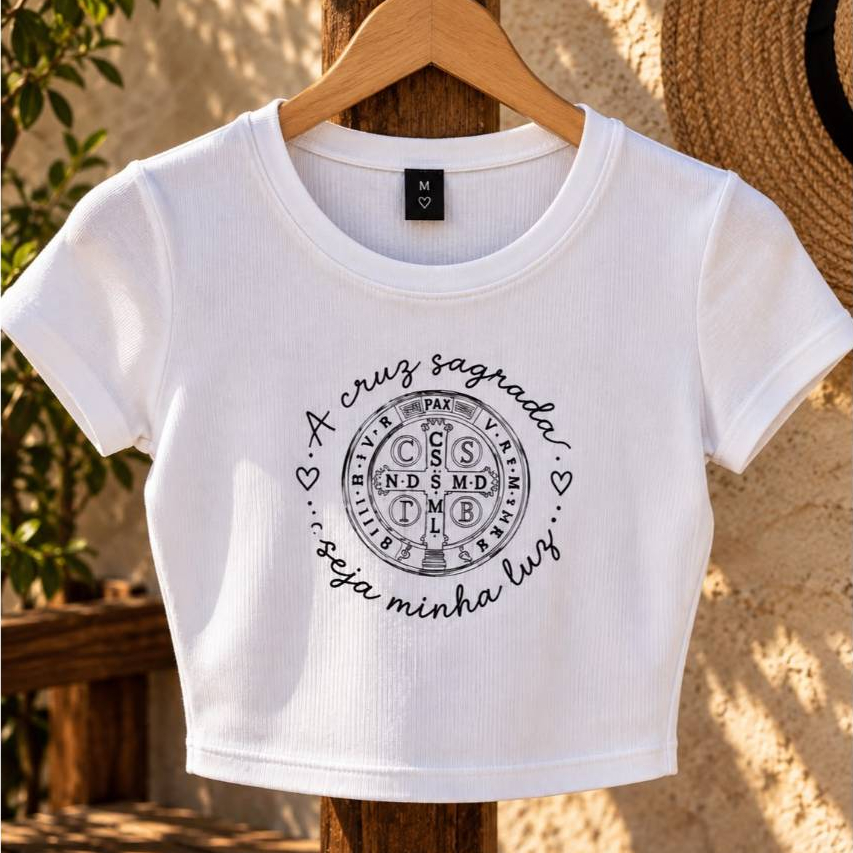 Cropped Manga Curta Canelado Católico Manguinha Gola Redonda Feminino São Bento Blusa Algodão