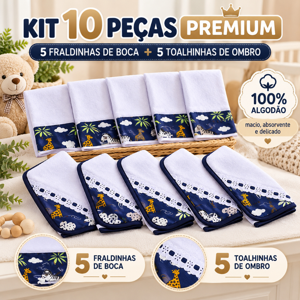 Kit Enxoval Bebê 10 Peças 5 Fraldinhas de Boca + 5 Toalhinhas de Ombro 100% Algodão Premium