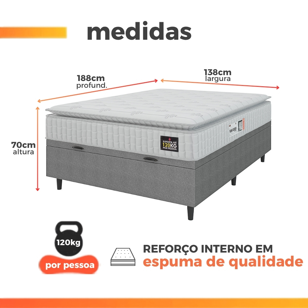 Cama Box Baú Colchão Casal Espuma D33 Vangogh Pillow Top 138x188x70cm Branco / Cinza Hellen · foto 2