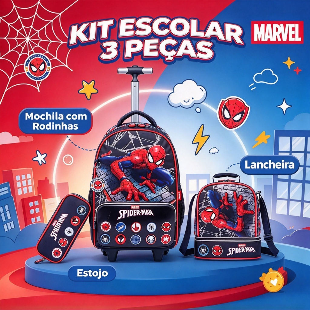 Marvel Kit Mochila Rodinha Homem‑Aranha Oficial 3 em 1 Material Resistente para Menino Infanti Spider‑Man