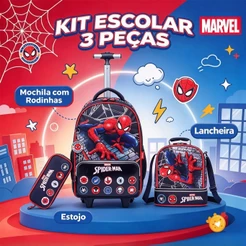 Marvel Kit Mochila Rodinha Homem‑Aranha Oficial 3 em 1 Material Resistente para Menino Infanti Spider‑Man