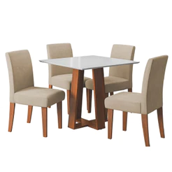 Conjunto Sala de Jantar Mesa Athenas Quadrada 0,90m 4 Cadeiras Trieste Madeirado/Bege Dobuê