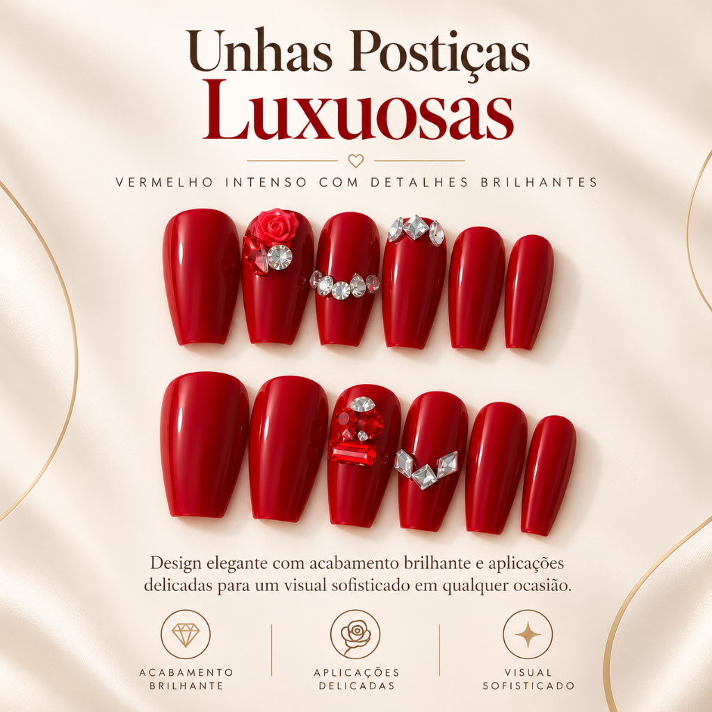 Unhas Postiças Vermelhas Luxuosas com Pedrarias e Rosa 3D – Unhas Falsas Decoradas Brilhantes Elegantes para Mulheres