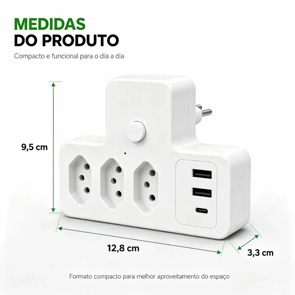 Adaptador de Tomada Benjamin Knup 10A com Interruptor Branco 4 Tomadas ou 3 Tomadas com USB e USB-C · foto 2