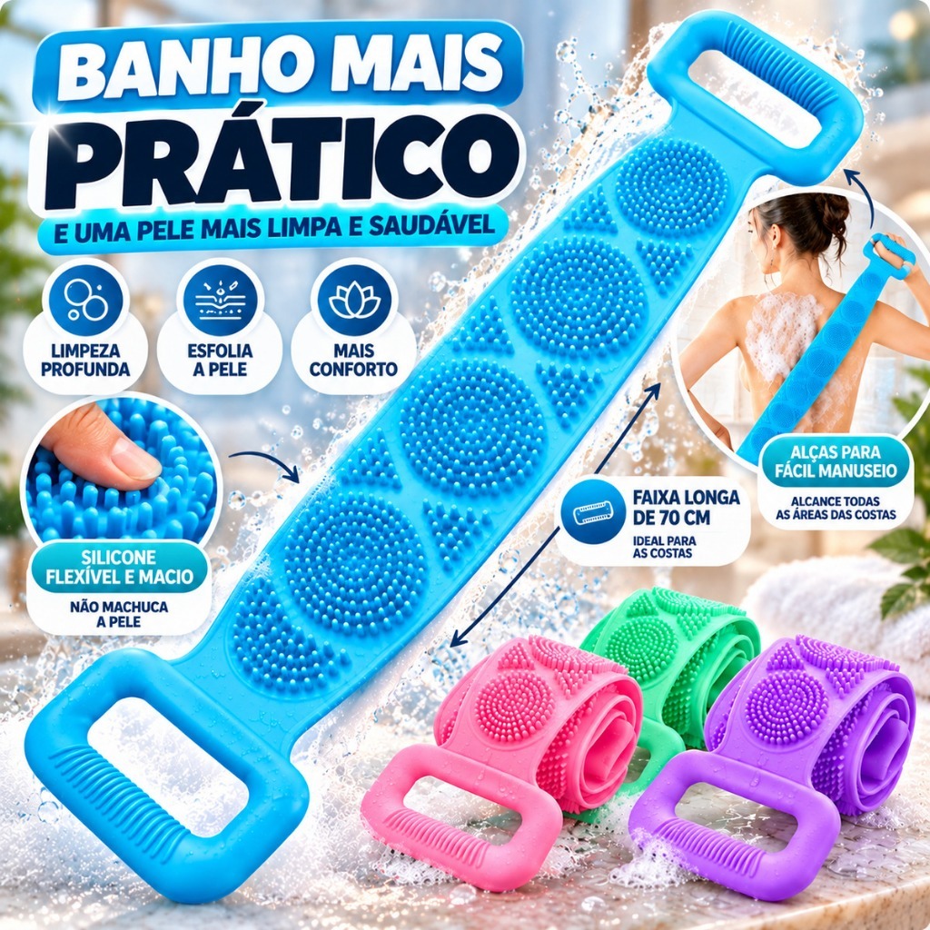Escova de Banho de Silicone 70cm Dupla Face Massageadora Esfoliante para Costas Corpo Inteiro com Alças