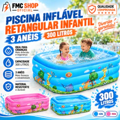 Piscina Inflável Retangular Infantil 3 Anéis 150cm 300 Litros Azul ou Rosa