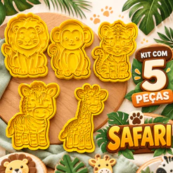 Kit 5 Cortadores de Biscoito Safari Animais da Selva 7,5cm Bolacha Pasta Americana Biscuit Massinha Infantil