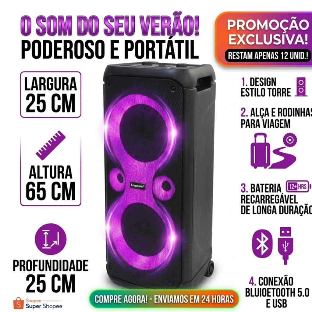 Caixa de Som Ecopower EP-2225 Torre Bluetooth 40W RMS Portátil Potente
