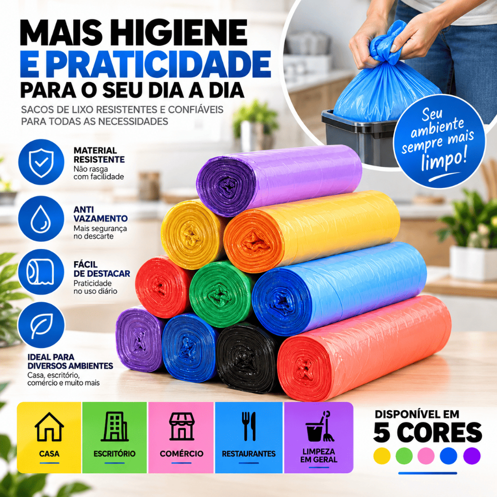 Sacos de Lixo Coloridos 45x45cm em Rolo Multiuso para Cozinha Banheiro Escritório 65 unidades Coleta Seletiva — imagem 2 de 2