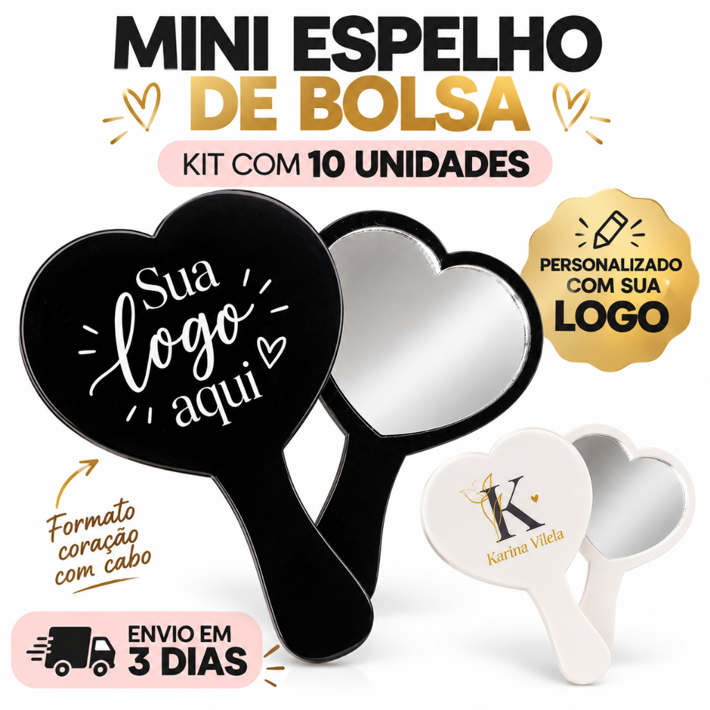 Espelho de Bolsa Personalizado Kit com 10 Logo Coração Mini Acrílico com Cabo Brinde Cliente
