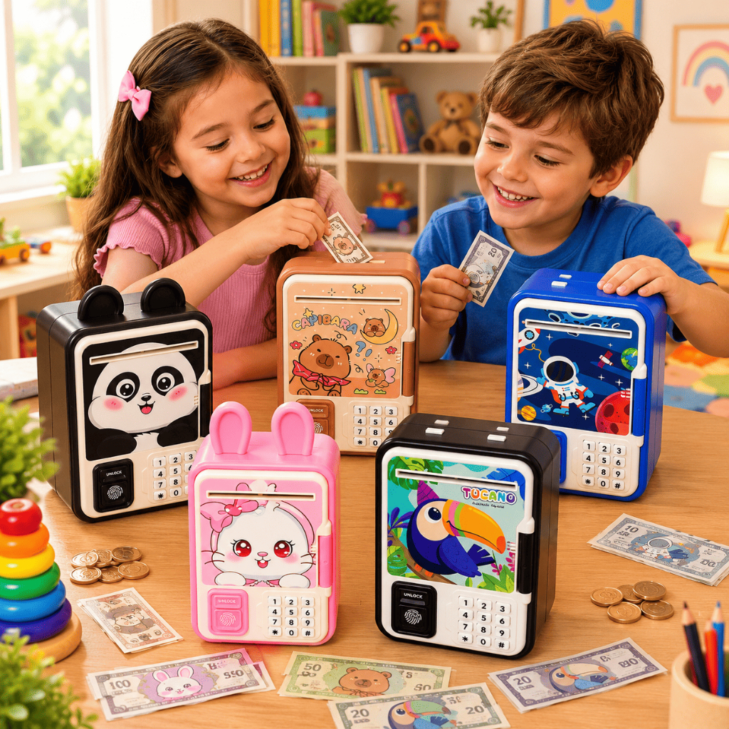 Cofrinho Eletrônico Infantil Com Senha Fechadura Notas e Moedas Impressao Digital Seguranca