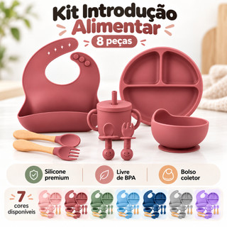 Kit Introdução Alimentar Bebê 8 Peças Silicone Prato Ventosa Babador Copo Bowl Talheres