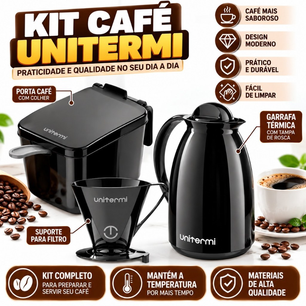 Kit Prático Para Café Garrafa + Açucareiro + Suporte Filtro Cor Preta