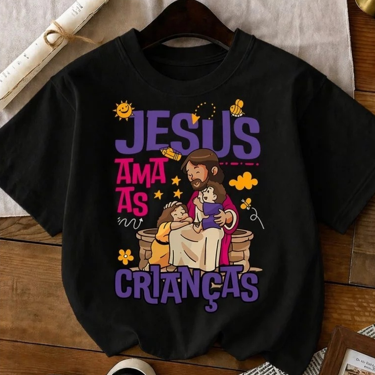 Camiseta Infantil Gospel Jesus Ama as Crianças Unissex Algodão Estampa Cristã Religiosa Menino Menina Presente Cristão