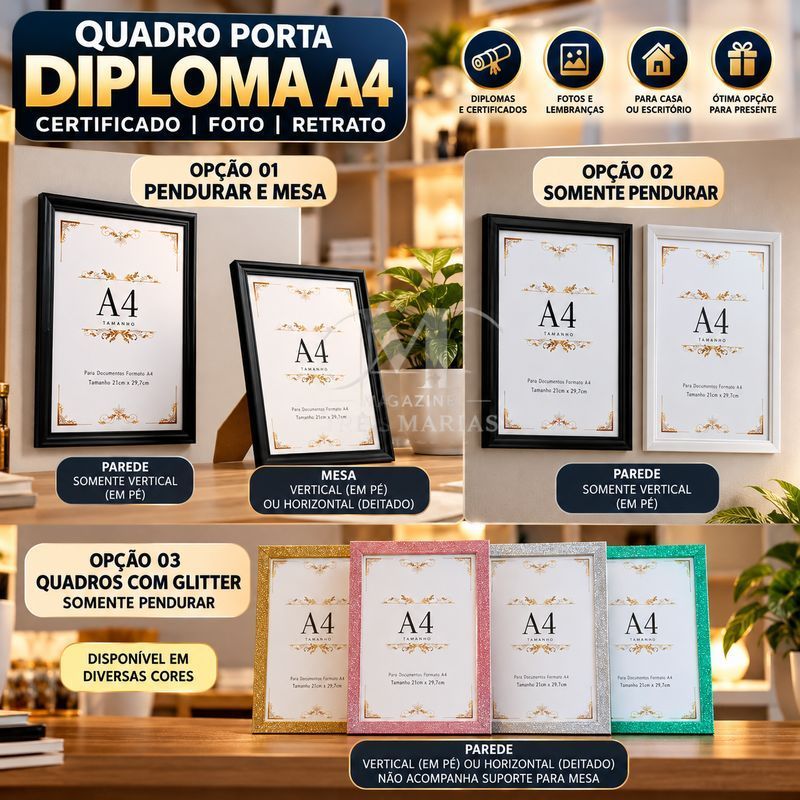 Quadro Porta Diploma A4 Certificado e Fotos Moldura Decorativa Moderna Mesa ou Parede