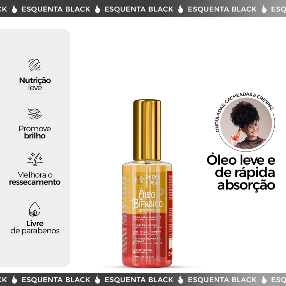 Óleo Bifásico Nutrição e Brilho Imediato Adaptativo 60ml - Raízes & Vibes