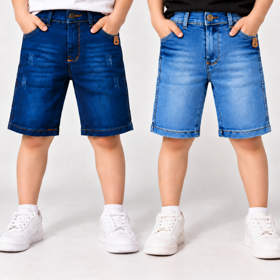 Kit 2 Bermudas Jeans Infantil Juvenil Masculina com Elastano e Regulagem na Cintura