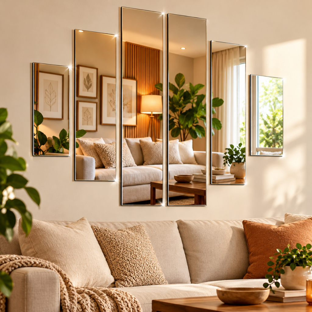 Kit Espelho Grande Decorativo 6 Peças Painel 70x95cm Parede Casa Sala Quarto Hall Escritorio