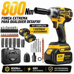 Parafusadeira Chave de Impacto 68V 800Nm Elétrica Sem Fio Alta Potência, Kit Completo com Soquetes e Maleta para Oficina