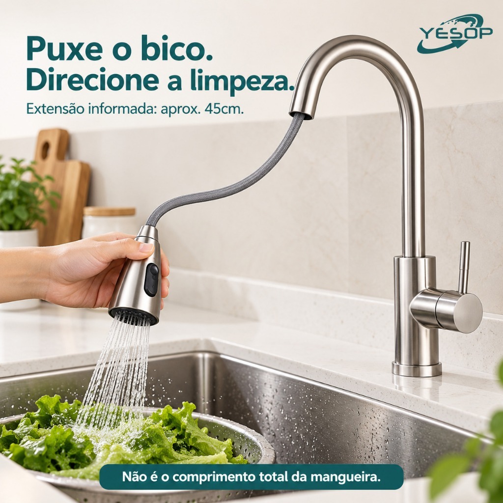 Torneira Gourmet Pia Cozinha Com Extensor Flexível Misturador Monocomando Pull Spray Arejador Articulado Inox Fosco · foto 2