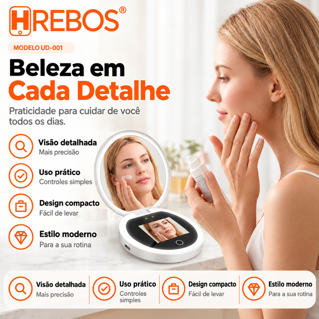 HREBOS LED Espelho de maquiagem inteligente com câmera UV Chip de AI inteligente com luz de preenchimento ajustável.