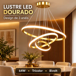Lustre Pendente LED Dourado 3 Anéis 64W Tricolor Bivolt 110–220V para Sala e Quarto