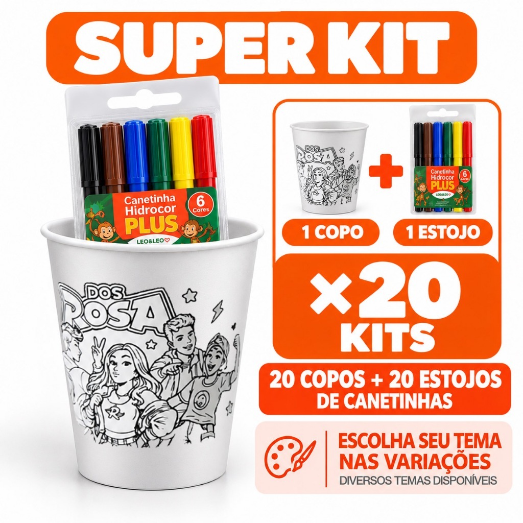 SUPER KIT 20 COPOS + 20 ESTOJOS DE CANETINHAS - Para Colorir, Festa Aniversário, Lembrancinha, Escola, Reutilizável