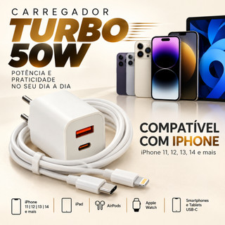 Carregador Turbo Super Rápido 50W iPhone Fonte USB-C Rápida Cabo Lightning Apple Original PD Tipo C