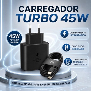 Carregador Turbo 45W USB-C Carregamento  Rápido com Cabo Tipo-C 1 Metro para Android galaxy