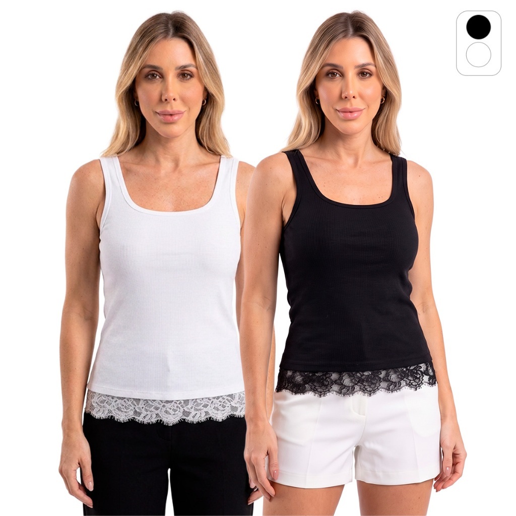 Regata Feminina com Renda na Barra Ribana Canelada Alça Média Blusinha Básica Preta ou Branca Look em Camadas P M G GG