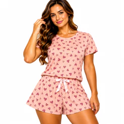 Pijama Feminino Sued Premium Estampado Conjunto Short e Blusa P/ Noite Dormir Confortável Verão Inverno Tamanhos P ao GG
