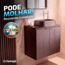 Kit Gabinete Aço Galvanizado Lavável Banheiro Suspenso 62cm Preto Com Cuba Pia Apoio Tampo Vidro 2 Portas Beltempo