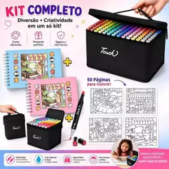 Kit Livro de Colorir A5 Capa Dura 50 Páginas, Canetas Ponta Dupla para Desenho e Arte