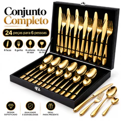 Jogo de Talheres Inox Dourado 24 Peças Para 6 Pessoas Kit Completo Garfo Faca Colher Mesa Posta Elegante Premium
