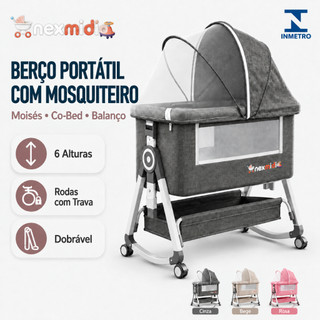 Berço de Bebê Portátil com Mosquiteiro Moisés Co-Bed Balanço 6 Alturas Rodinhas e Trava de Segurança