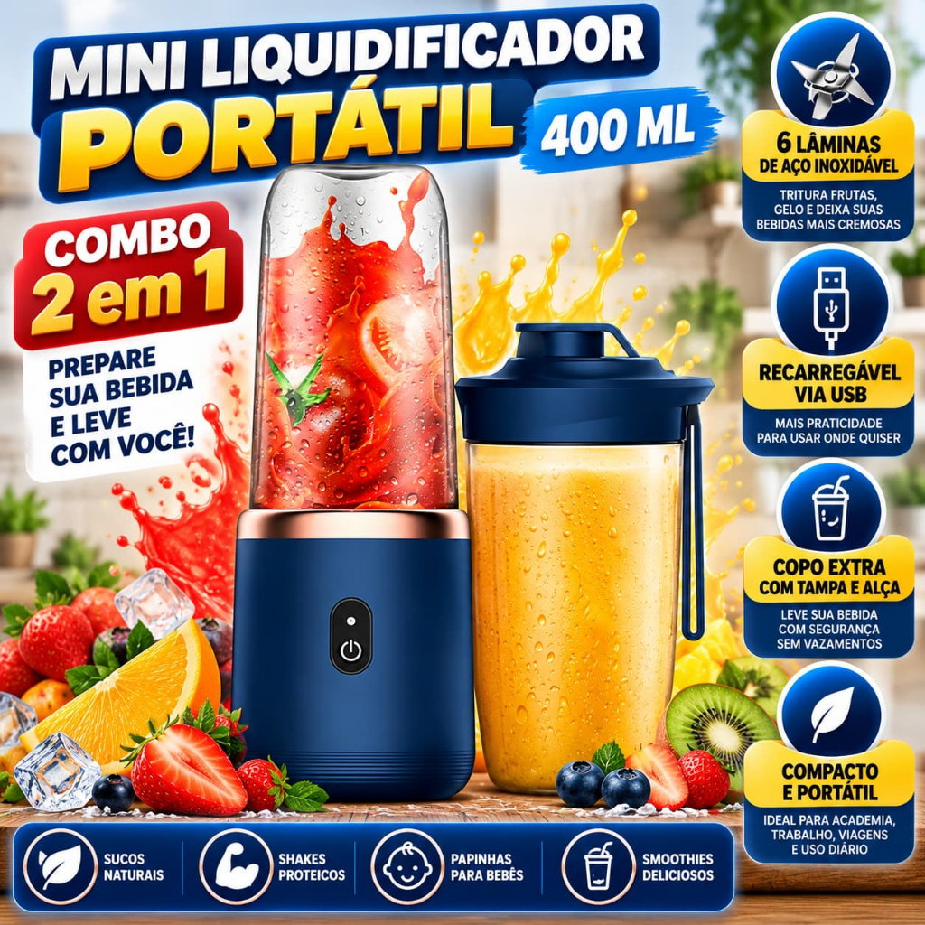 Mini Liquidificador Portátil 400ml Recarregável USB Azul com Copo Extra para Sucos Vitaminas e Shakes