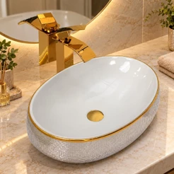 Kit Cuba Apoio Oval Louça Decorada Prata Torneira Cascata Dourada