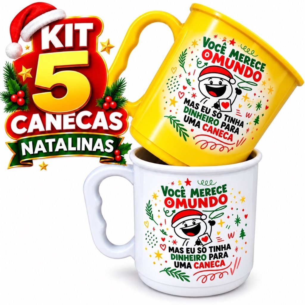 Kit 5 canecas decorada Feliz Natal presente brinde personalizado lembrancinha de natal confraternização igreja empresas