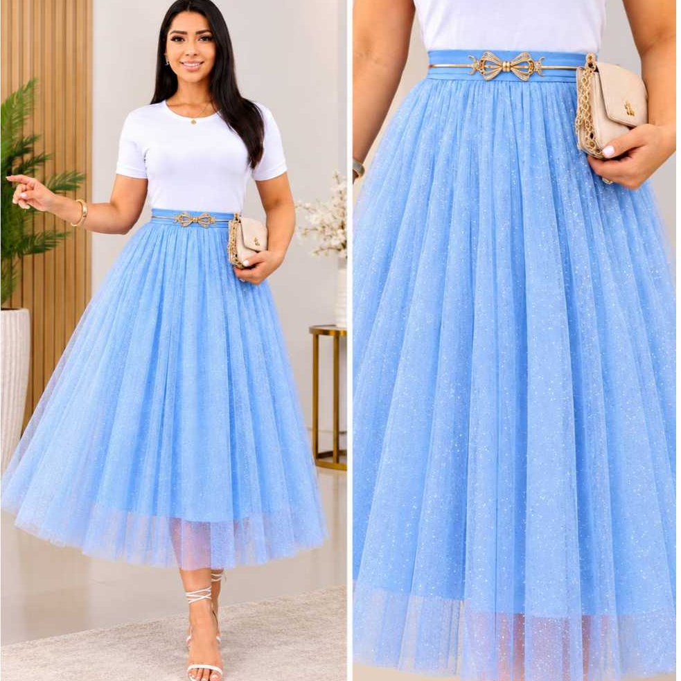 Saia tule mídi de brilho glitter forrada liso, moda evangélica, festividades congresso.