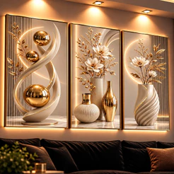 Kit 3 Quadros Decorativos Sala Quarto Escritório Luxo Abstrato Flores Dourado Bege Branco Moderno em Alta Qualidade
