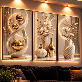 Kit 3 Quadros Decorativos Sala Quarto Escritório Luxo Abstrato Flores Dourado Bege Branco Moderno em Alta Qualidade