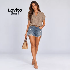 Lovito Blusa Feminina Manga Curta Decote V sem Botões Estampada BLNS48BX010BK