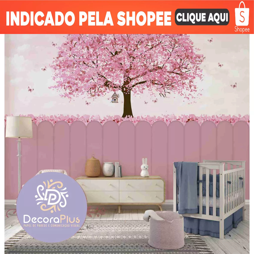 Adesivo Foto Mural Ipê Rosa Árvore De Cerejeira Borboletas E Cercado Vinil M²