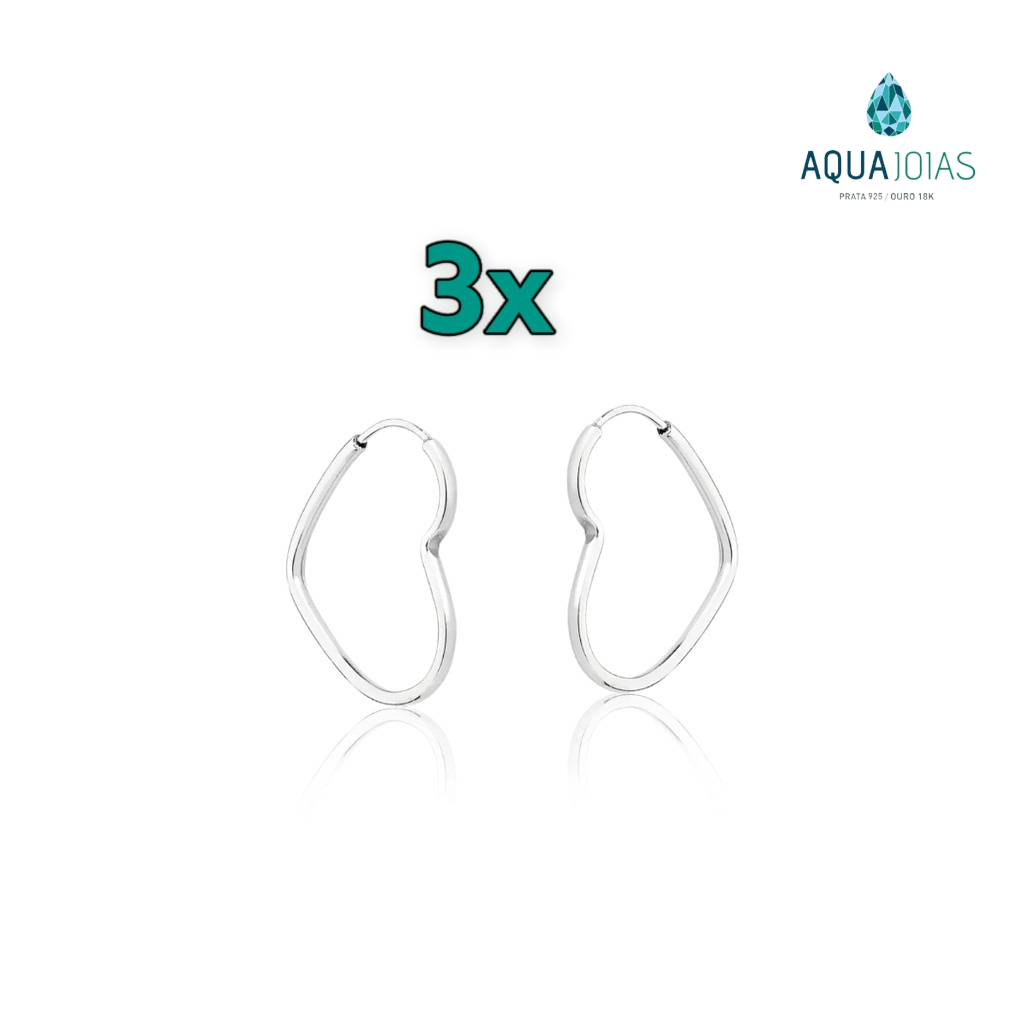 Kit 3 pares brincos argolas coração 16mm fio redondo prata 925 em Oferta na Shopee